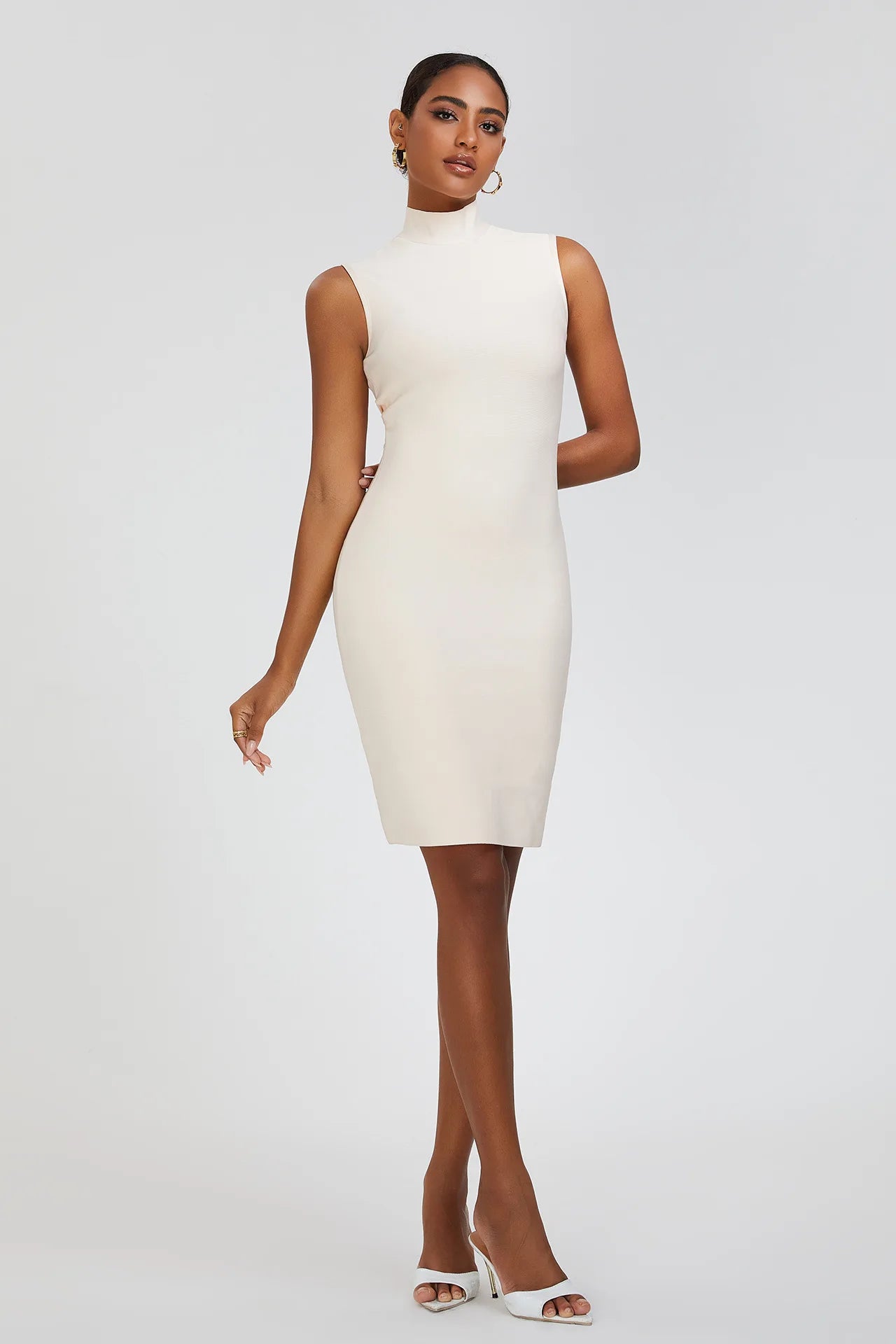 Bodycon White Sexy Turtleneck Slim Bandage Dress Women Elegant Sleeveless Celebrity Evening Party Dresses Vestido Wholesale