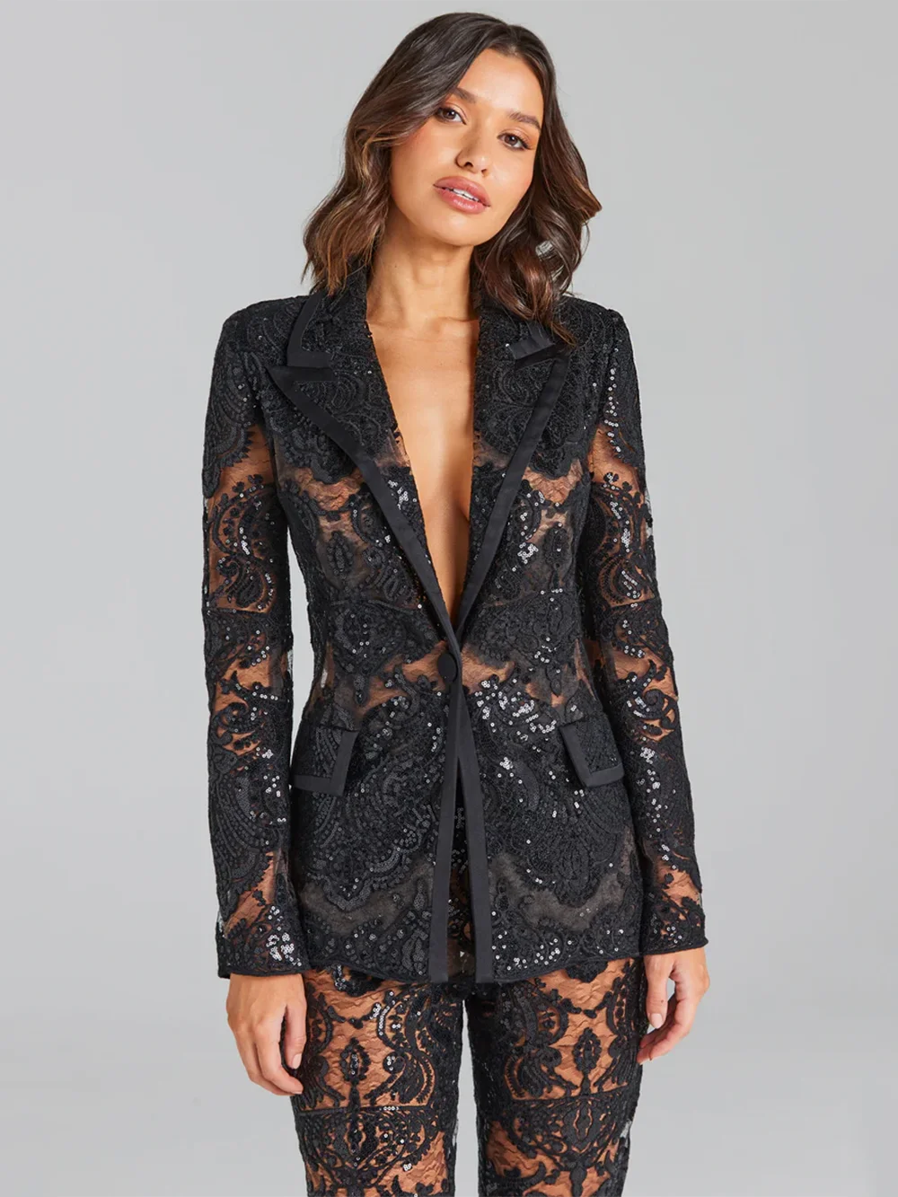 Bodycon Set High Quality White Sequin Embroidery Lace Sexy Perspective Women'S Suit Set Blazer+Pants Two Piece Set