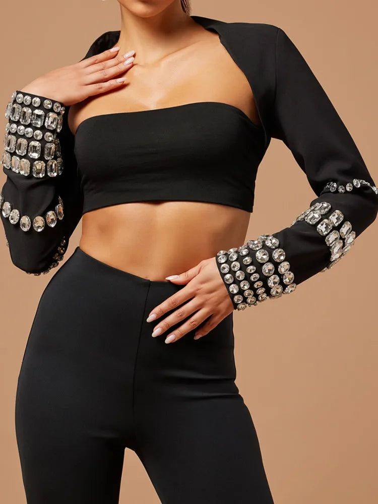 Bodycon Women Luxury Sexy Rhinestone Crystal Beading Black Three Pieces Pants Bandage Set  Celebrity Designer Fashion Women's Set