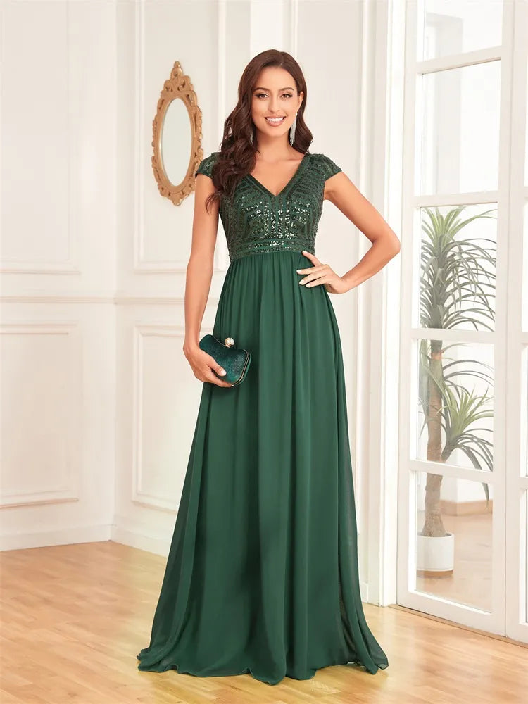 Bodycon Elegant Sequins Sleeveless Evening Dress Women V Neck Green Wedding Party Graduation Prom Chiffon Cocktail Gowns