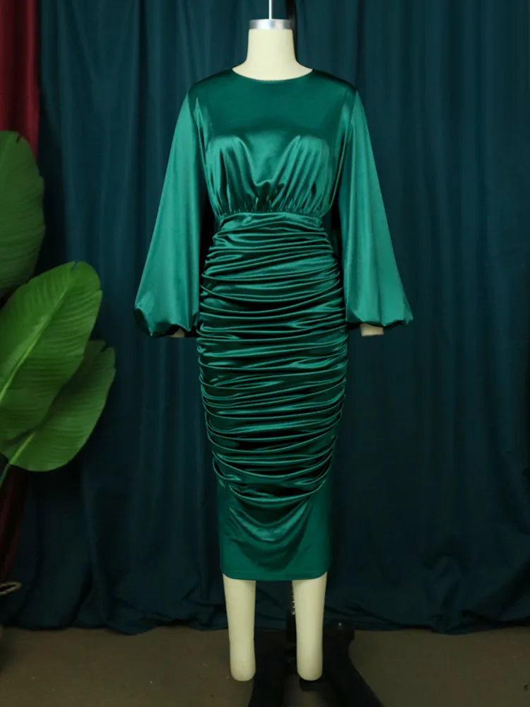 Bodycon Dress For Women Long Sleeve Green Elastic Satin Smocked Midi Dress Elegant Big Size Shiny Evening Christmas Party Church Outfits