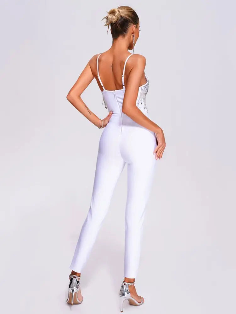 Bodycon White Sexy V-Neck Sleeveless Diamond Tassels Bandage Jumpsuits Formal Occasion Jumpsuit