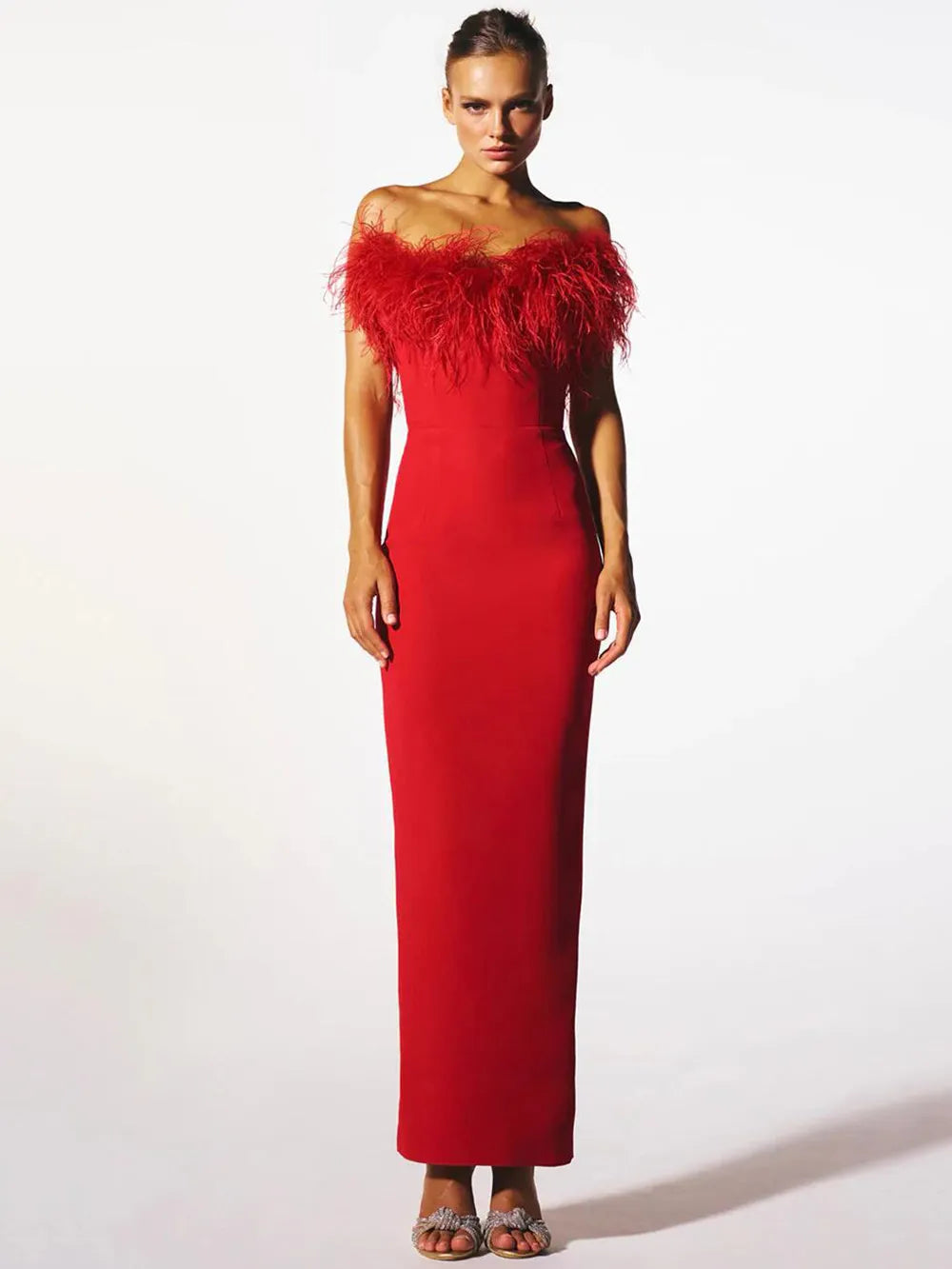 Bodycon Dress For Ladies Red Celebrity Evening Feather Bandage Midi Dress Women's Sexy Strapless Bodycon Club Runway Party Long Dresses Vestidos