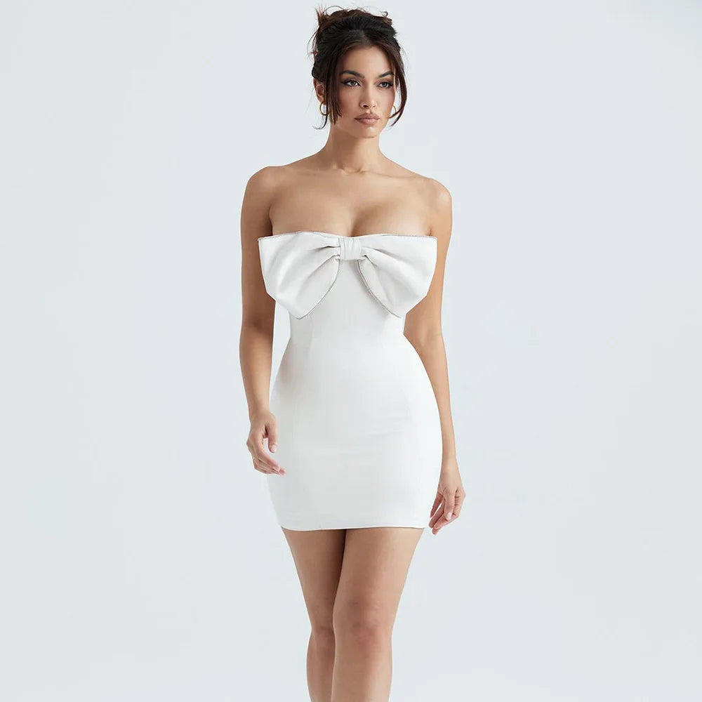 Bodycon Sexy Satin Strapless White Bodycon Dress Mini Diamonds Bow Wedding Guest Night Party Dresses