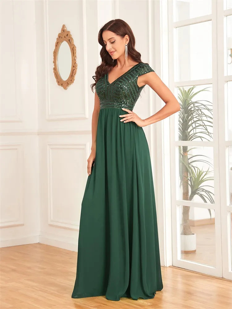 Bodycon Elegant Sequins Sleeveless Evening Dress Women V Neck Green Wedding Party Graduation Prom Chiffon Cocktail Gowns