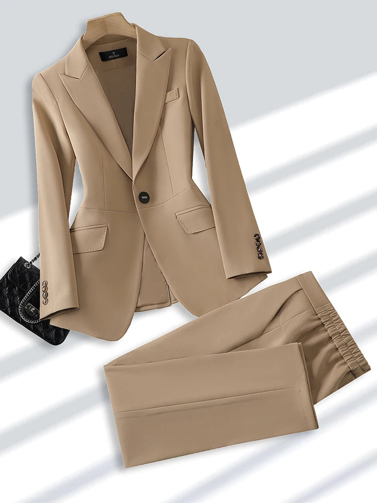 Bodycon Formal Pant Suit Beige Khaki Pink Ladies Blazer Jacket +Trouser Fashion Office Business Work Wear 2 Piece Set