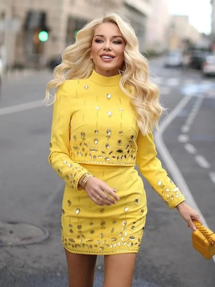 Bodycon Set For Women Fashion Sexy Diamond Beaded Short Top+Dress Yellow Two Piece Suit Set High Quality