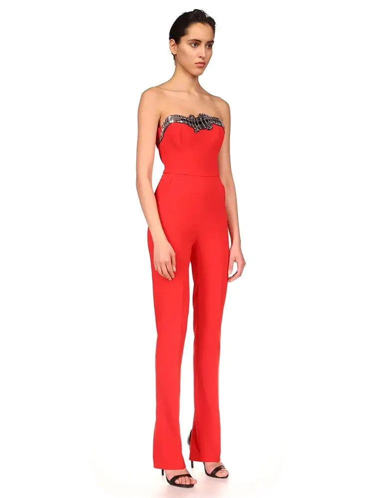 Bodycon Jumpsuit For Women Sexy Strapless Backless Sequins Red Tight Celebrity Designer Celebrity Party Bandage Jumpsuit