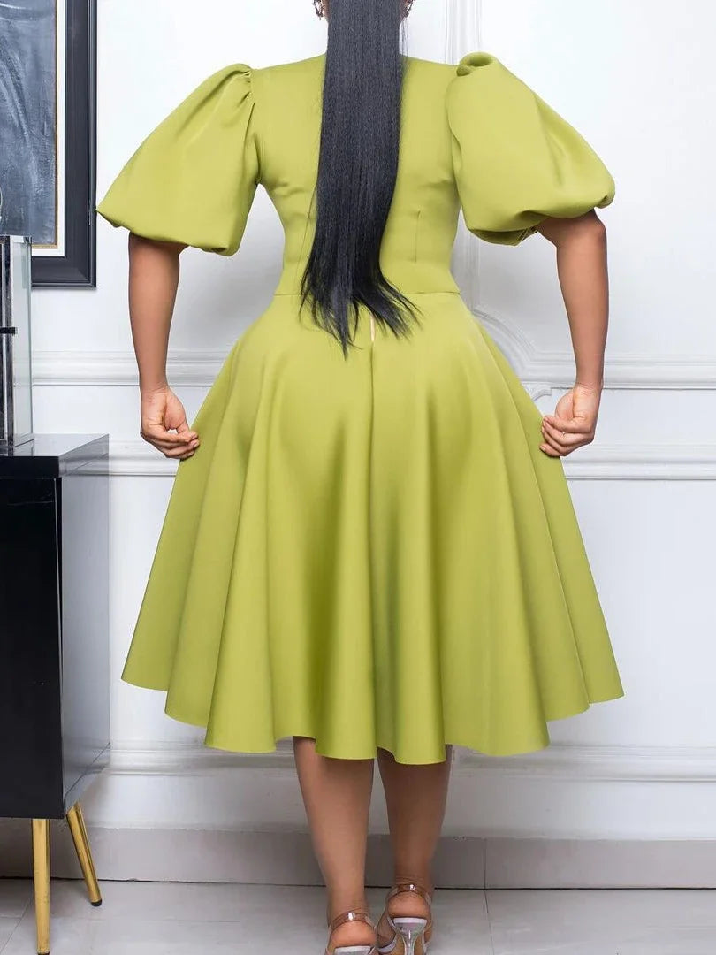 Bodycon Dress For Women Elegant Party Dress O Neck Short Lantern Sleeves Pleated A Line High Waist African Classy Spring Fashion Gowns Event Robes