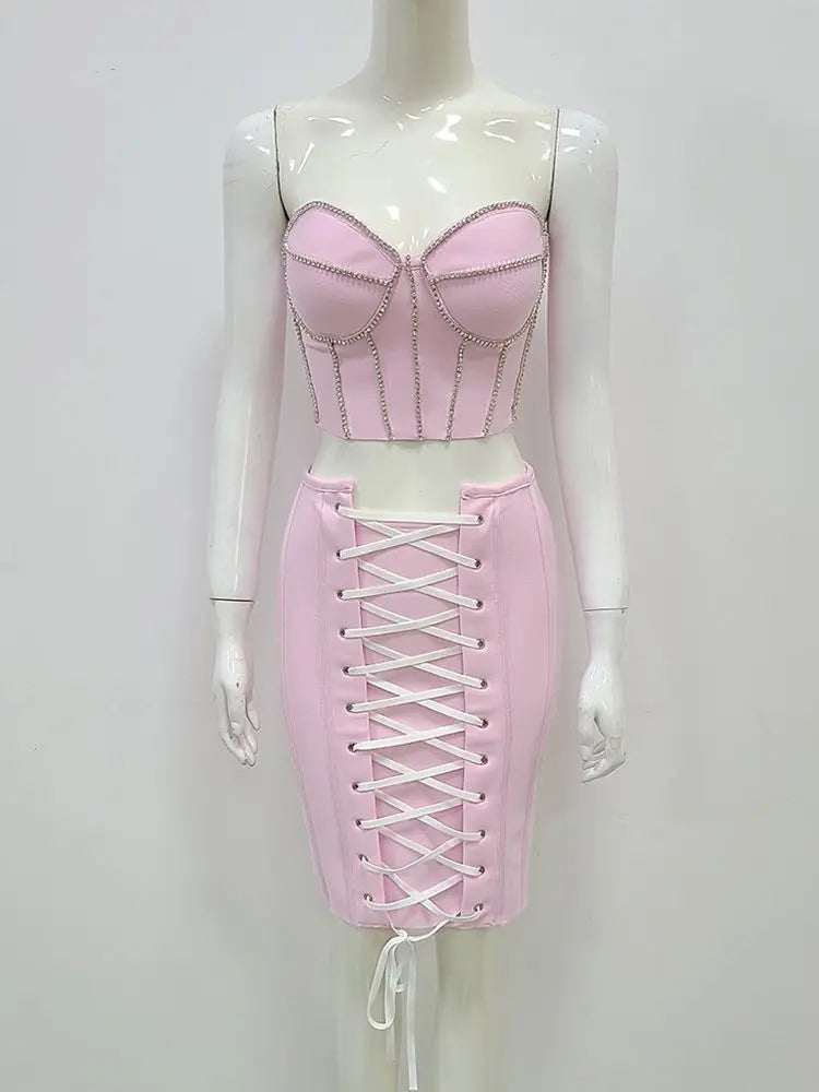 Bodycon Set For Women Two Piece Sleeveless Strapless Diamond Pink Slim Fit Strapless Short Top Skirt Bandage Set