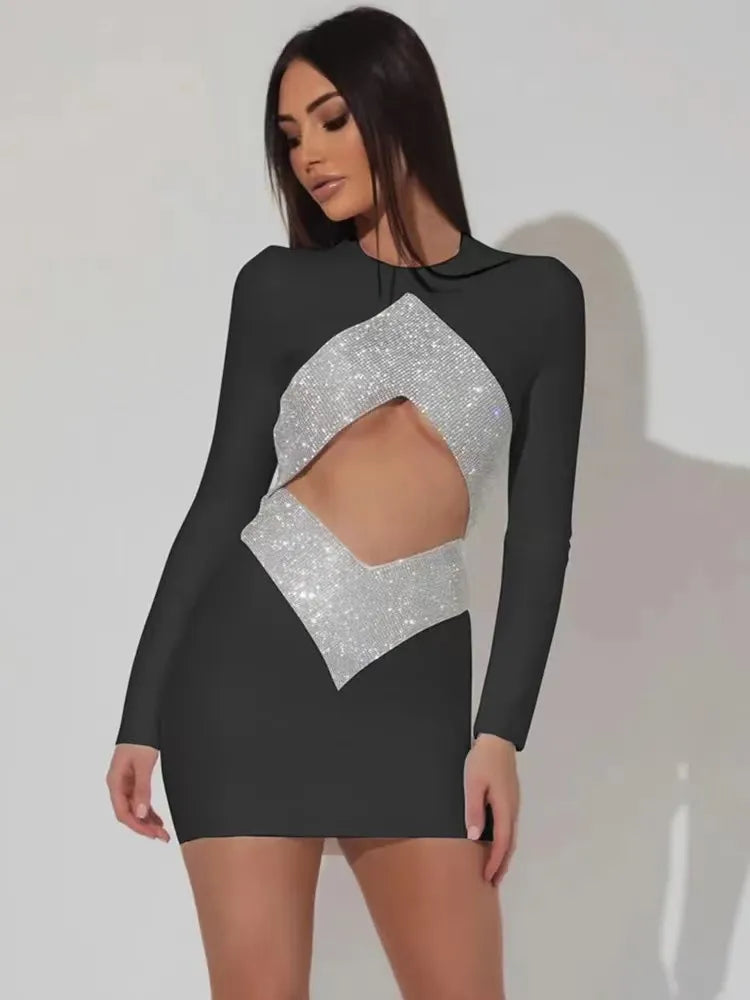 Bodycon Dress For Women Sexy Cut Out CRYSTAL Bandage Dress Women White Long Sleeve Mini Bodycon Autumn Winter Elegant Party Club Femme Dress Vestidos