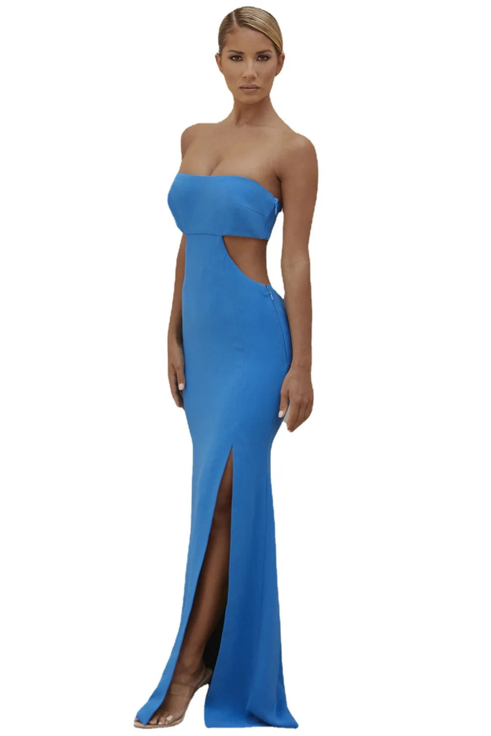 Bodycon Blue Cut Out Strapless Off The Shoulder Bandage Maxi Long Dress Women Elegant Sleeveless Backless Evening Party Dresses