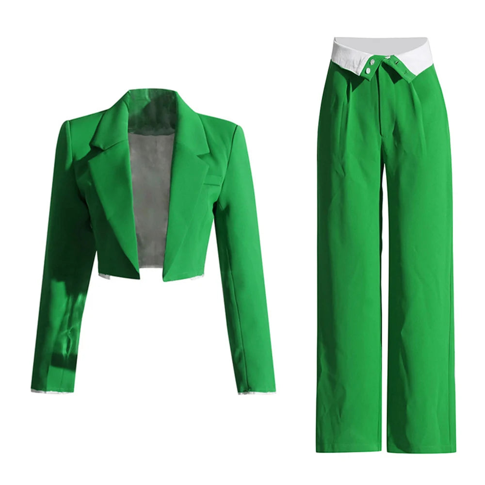 Bodycon Set for Women Green Fashion Casual Short Blazer Women'S Flanging High Waist Wide Leg Pants Suit Two-Piece Sexy Suit