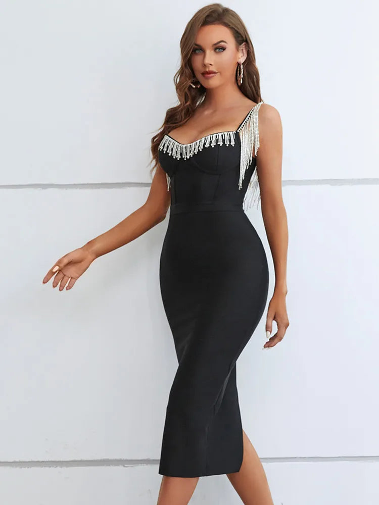 Bodycon Dress For Women Sexy Crystal Diamonds Tassel Black Midi Bodycon Bandage Dress Elegant Party Stage Performance Dress