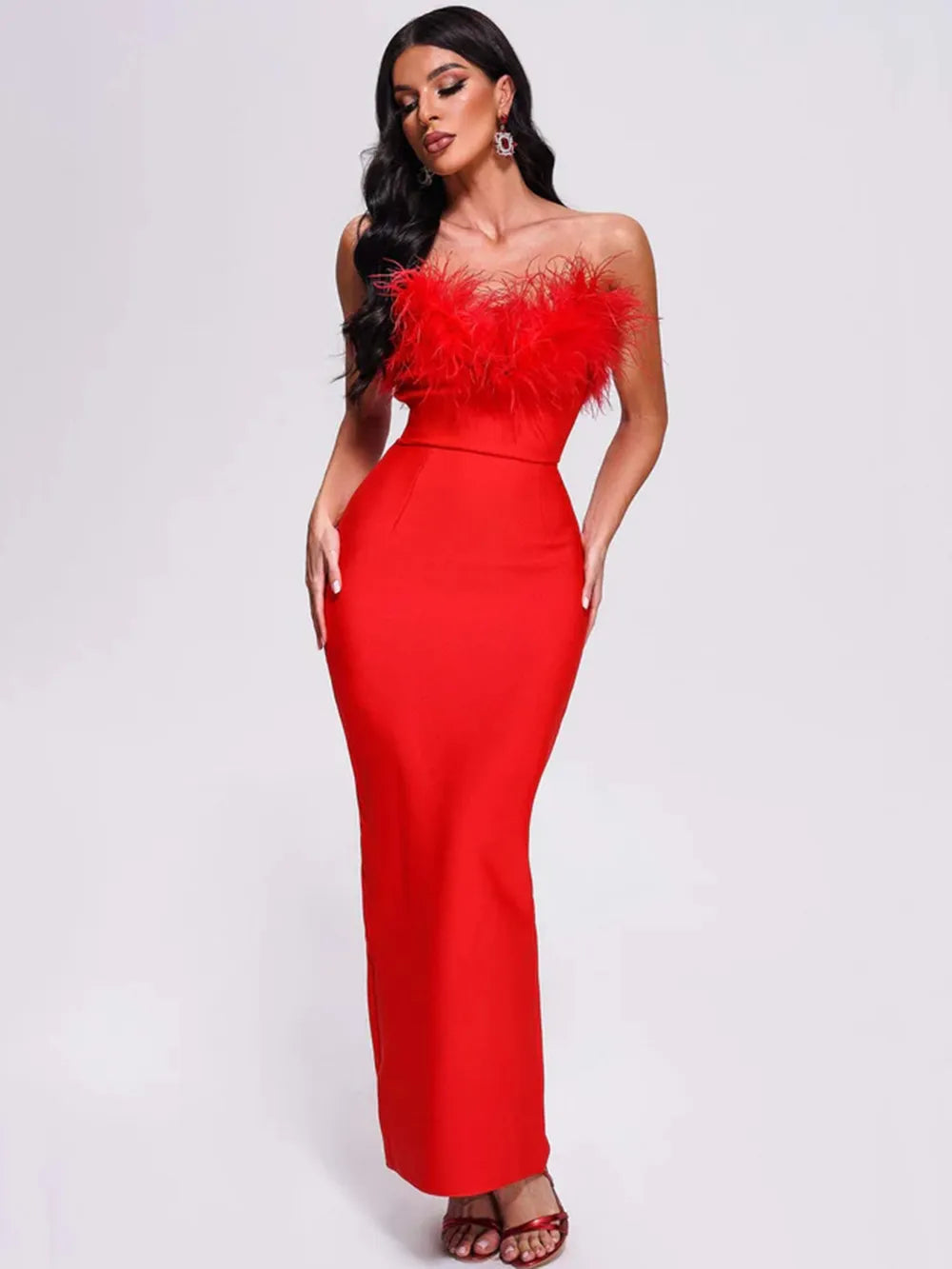 Bodycon Dress For Ladies Red Celebrity Evening Feather Bandage Midi Dress Women's Sexy Strapless Bodycon Club Runway Party Long Dresses Vestidos