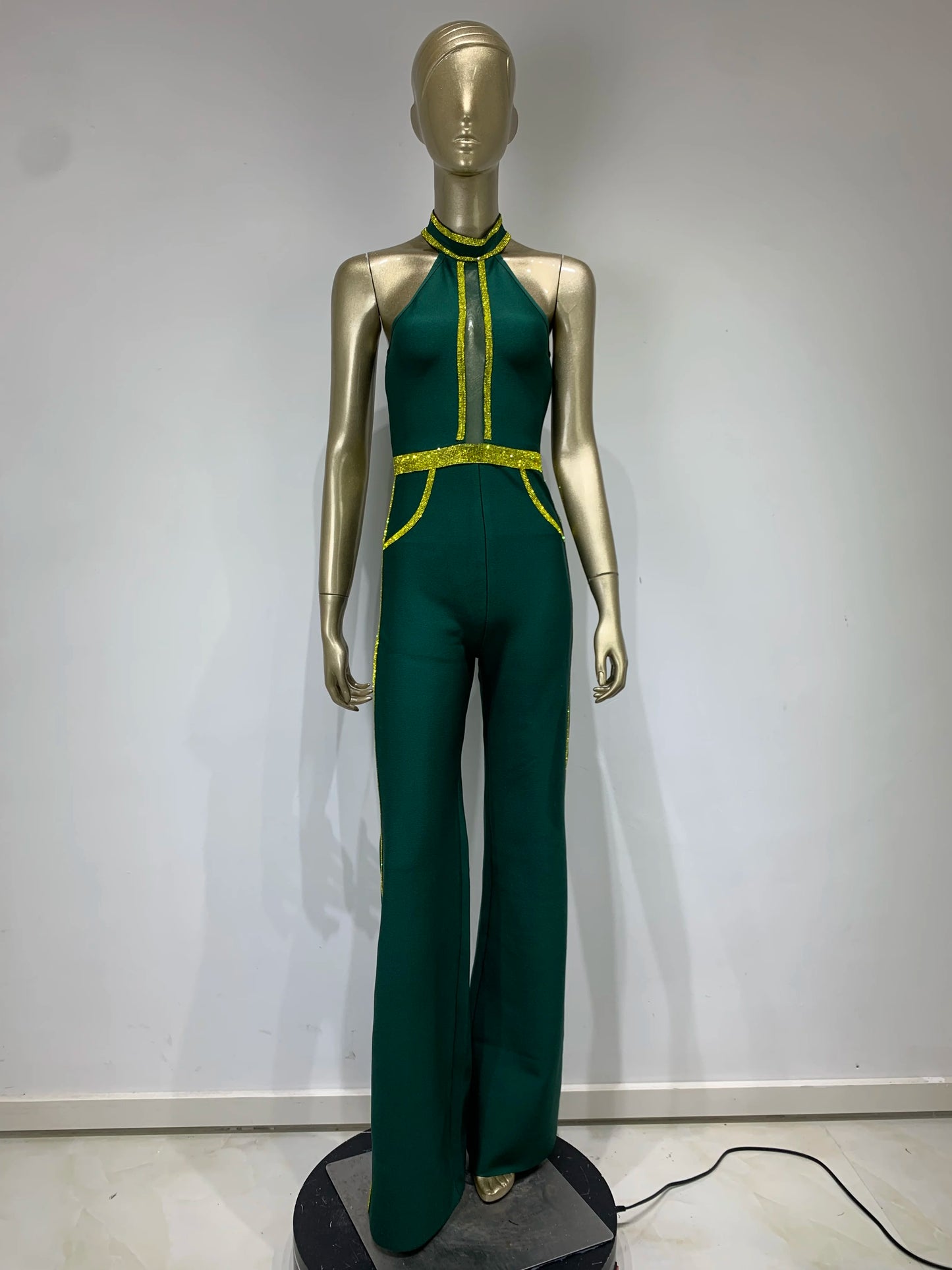 Bodycon Jumpsuits Elastic Bandage Green Yellow Border Long Split Flare Pants High Street Party Rompers