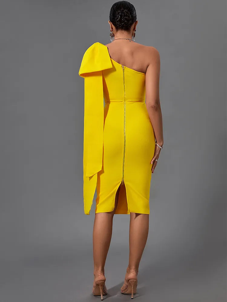 Bodycon Dress New Womens Yellow Bandage Dress Elegant Sexy Bowknot Evening Club Party Dress