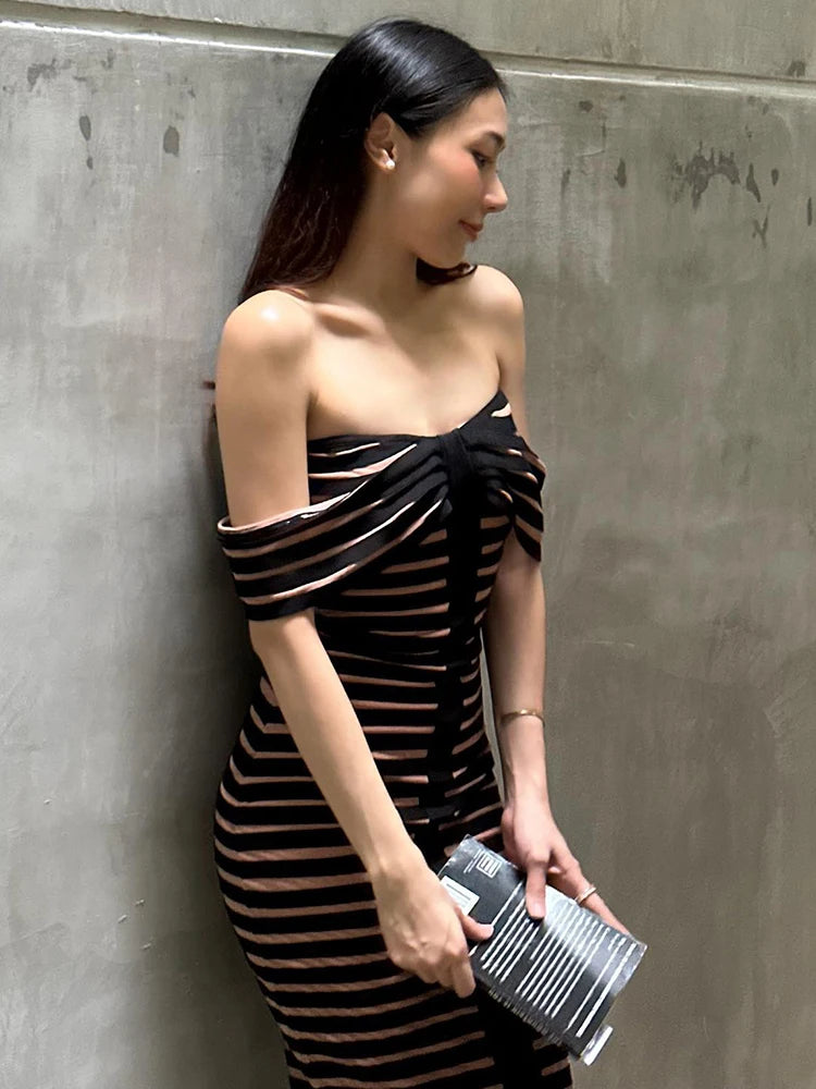 Bodycon Women Vintage Striped Dress Stretch Bandage Party Evening Gown V Neck Long Celebrity Cocktail Dress