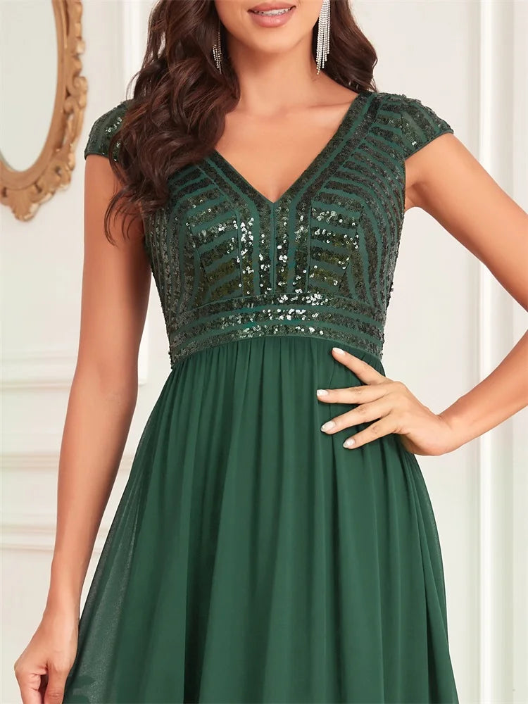 Bodycon Elegant Sequins Sleeveless Evening Dress Women V Neck Green Wedding Party Graduation Prom Chiffon Cocktail Gowns