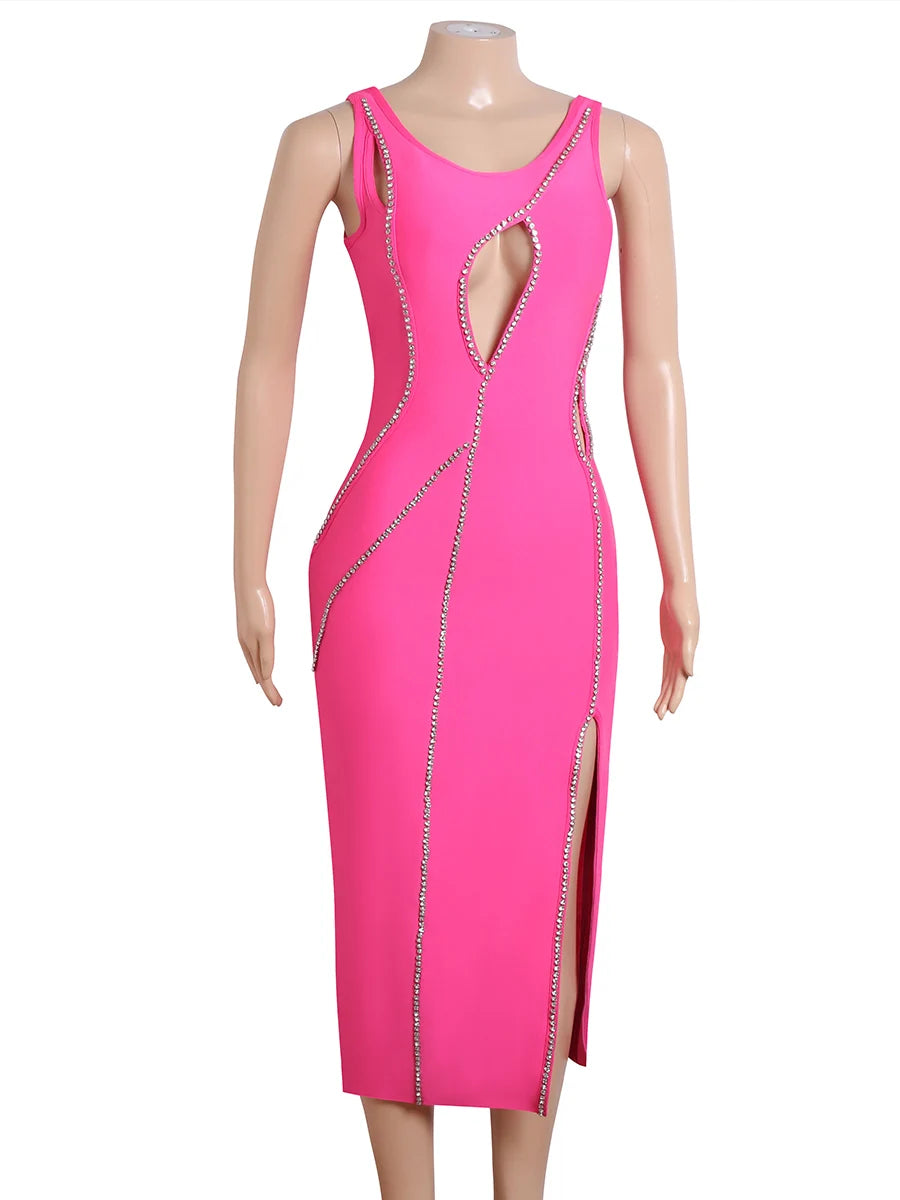 Bodycon Beaded Elegant Slim Dress For Women Sexy Hollow Out Sleeveless Bandage Dress Ladies Celebrity Evening Party Dress Vesido