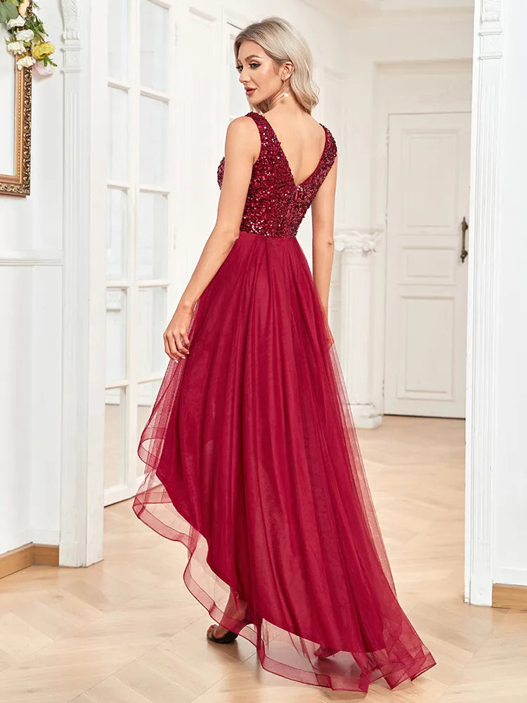 Bodycon Elegant Women V-Neck Sleeveless Sequin Floor Length Formal Evening Dress Red Prom Wedding Party Cocktail Dress