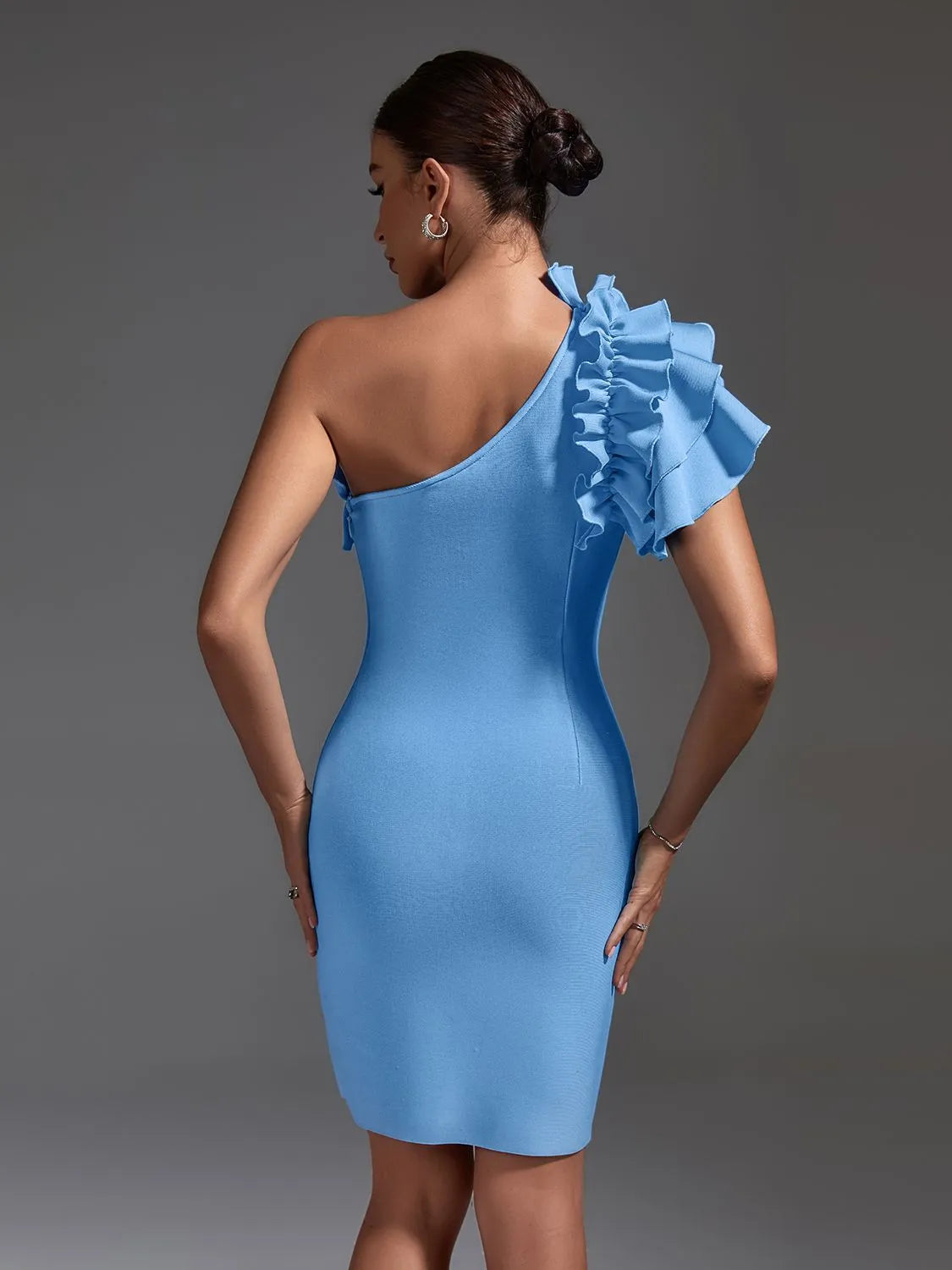 Bodycon Blue Bandage Dress Women Elegant Party Dress Ruffle One Shoulder Sexy Evening Birthday Club Outfits