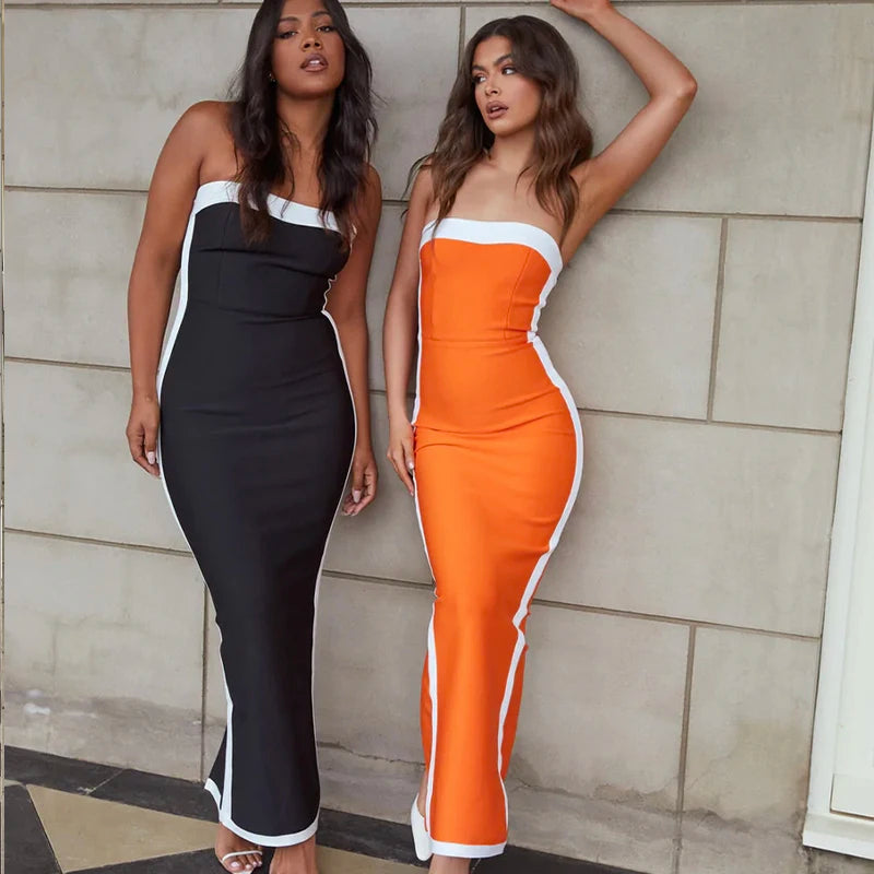 Bodycon Dress For Women Elastic knitting Black Orange Strapless Sexy Evening Celebrity Cocktail Party Bandage Long Dress