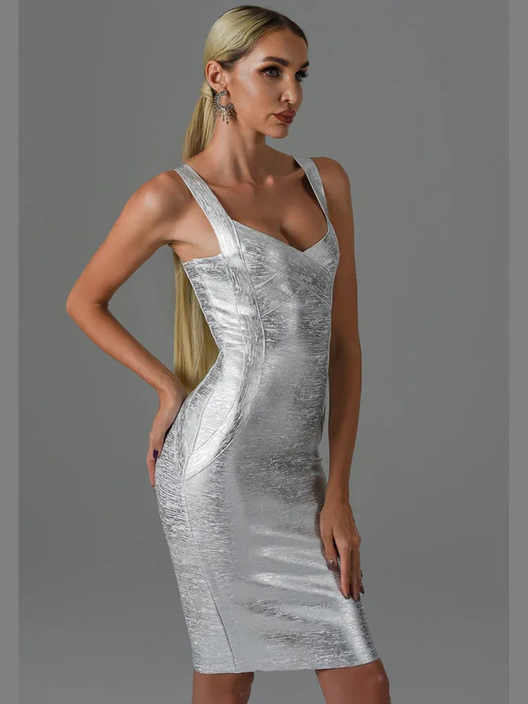 Bodycon Sexy Sleeveless Backless Gold Silver Bronzing Midi Bandage Dress Elegant Evening Party Dress