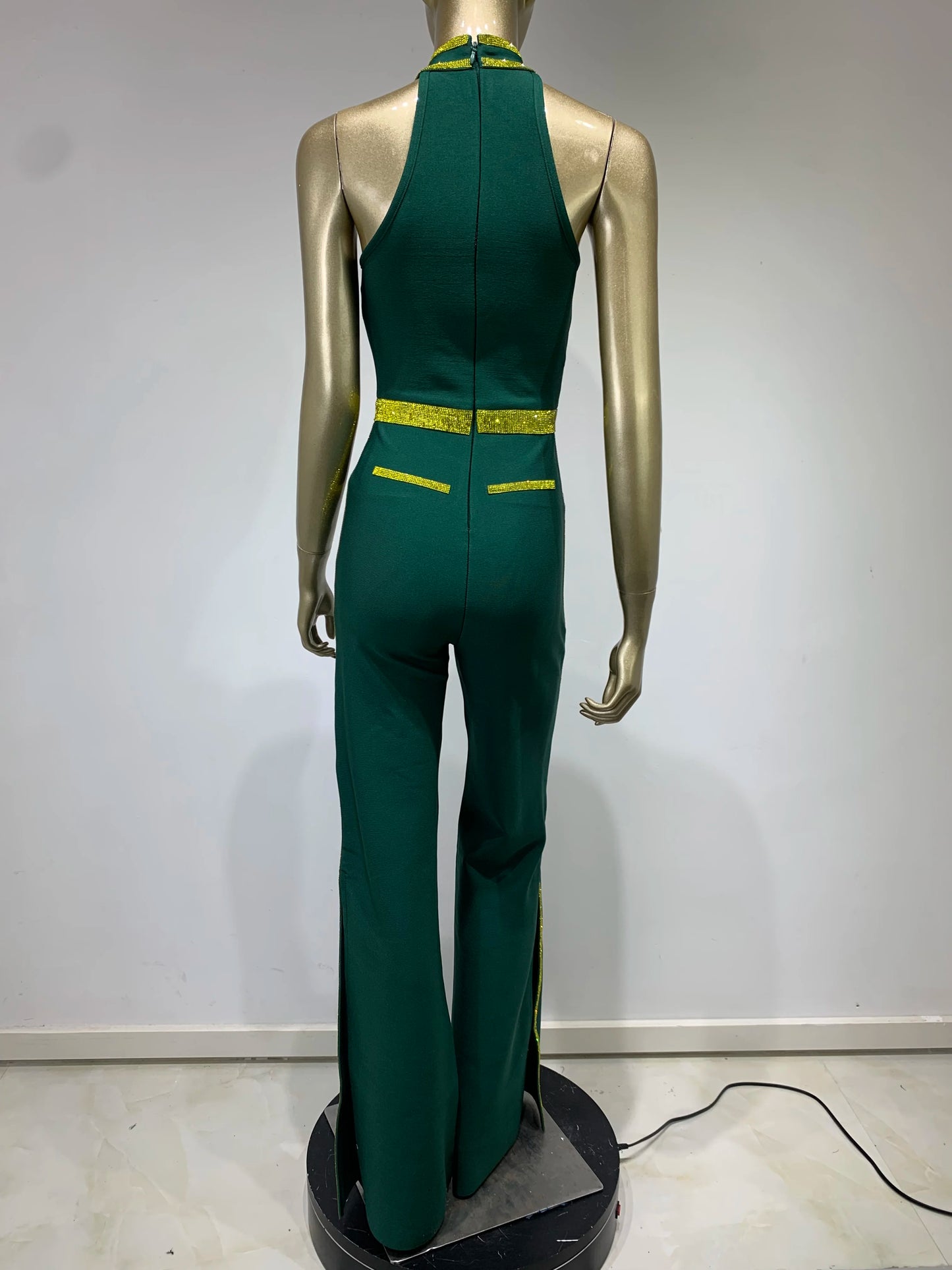 Bodycon Jumpsuits Elastic Bandage Green Yellow Border Long Split Flare Pants High Street Party Rompers