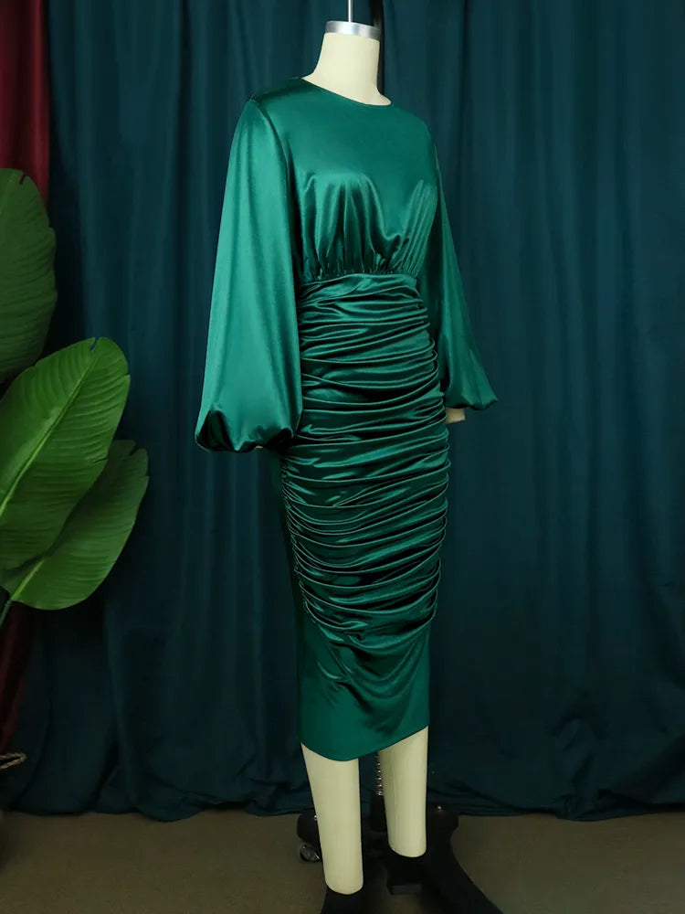 Bodycon Dress For Women Long Sleeve Green Elastic Satin Smocked Midi Dress Elegant Big Size Shiny Evening Christmas Party Church Outfits