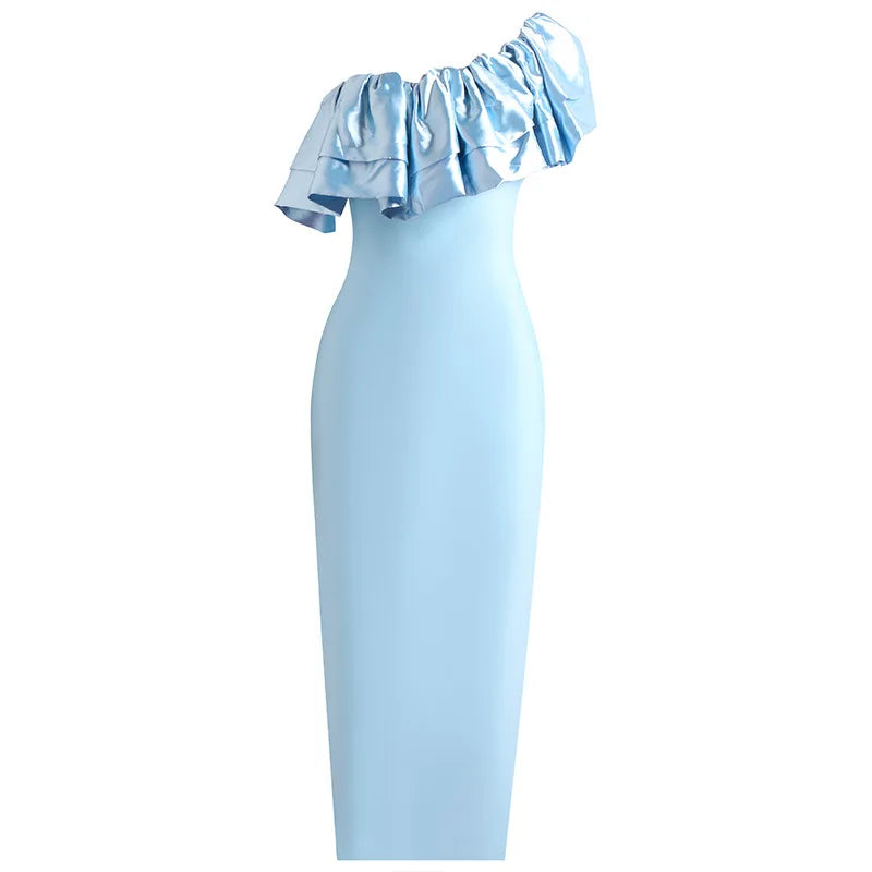 Bodycon Blue Ruffles One Shoulder Slim Dress For Women Elegant Sleeveless Bandage Celebrity Evening Party Dresses Vestidos