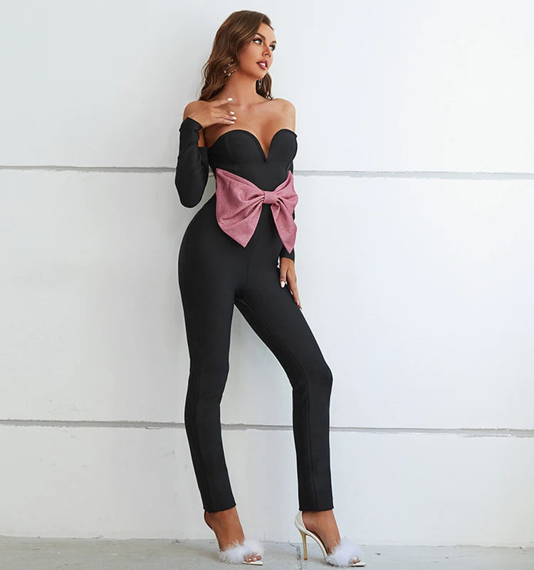 Bodycon Elegant Backless Bow Knot Slim Long Black Jumpsuit Party Gathering