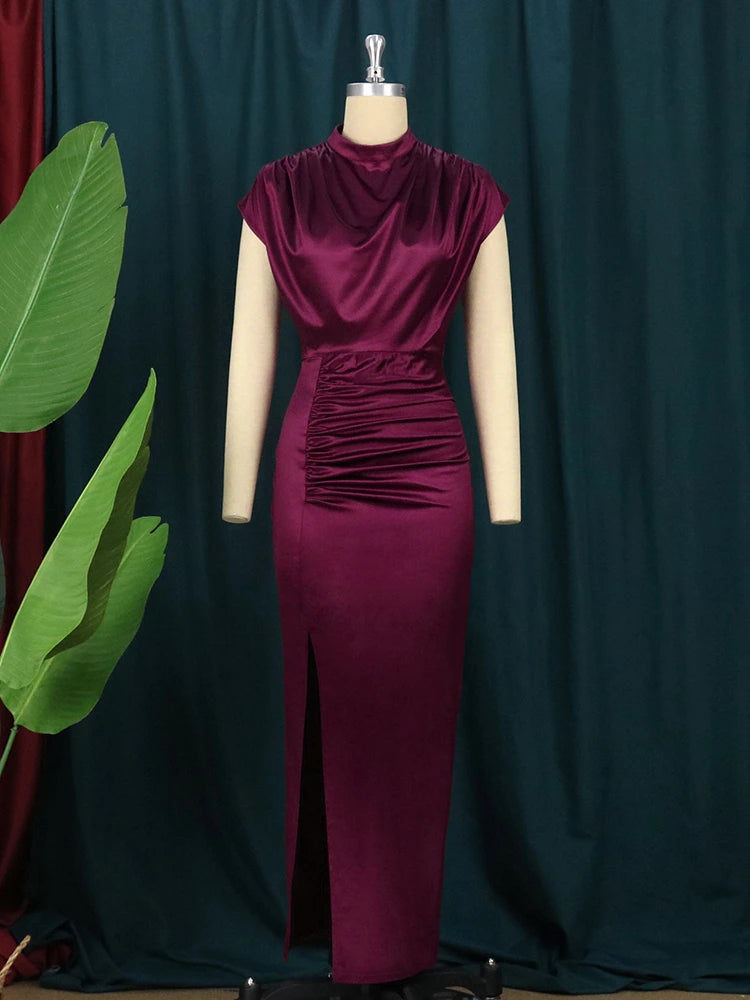 Bodycon Dress For Women Burgundy Green Satin Long Dress Elegant Ladies Evening Birthday Cocktail Party Pleated Gowns Outfits