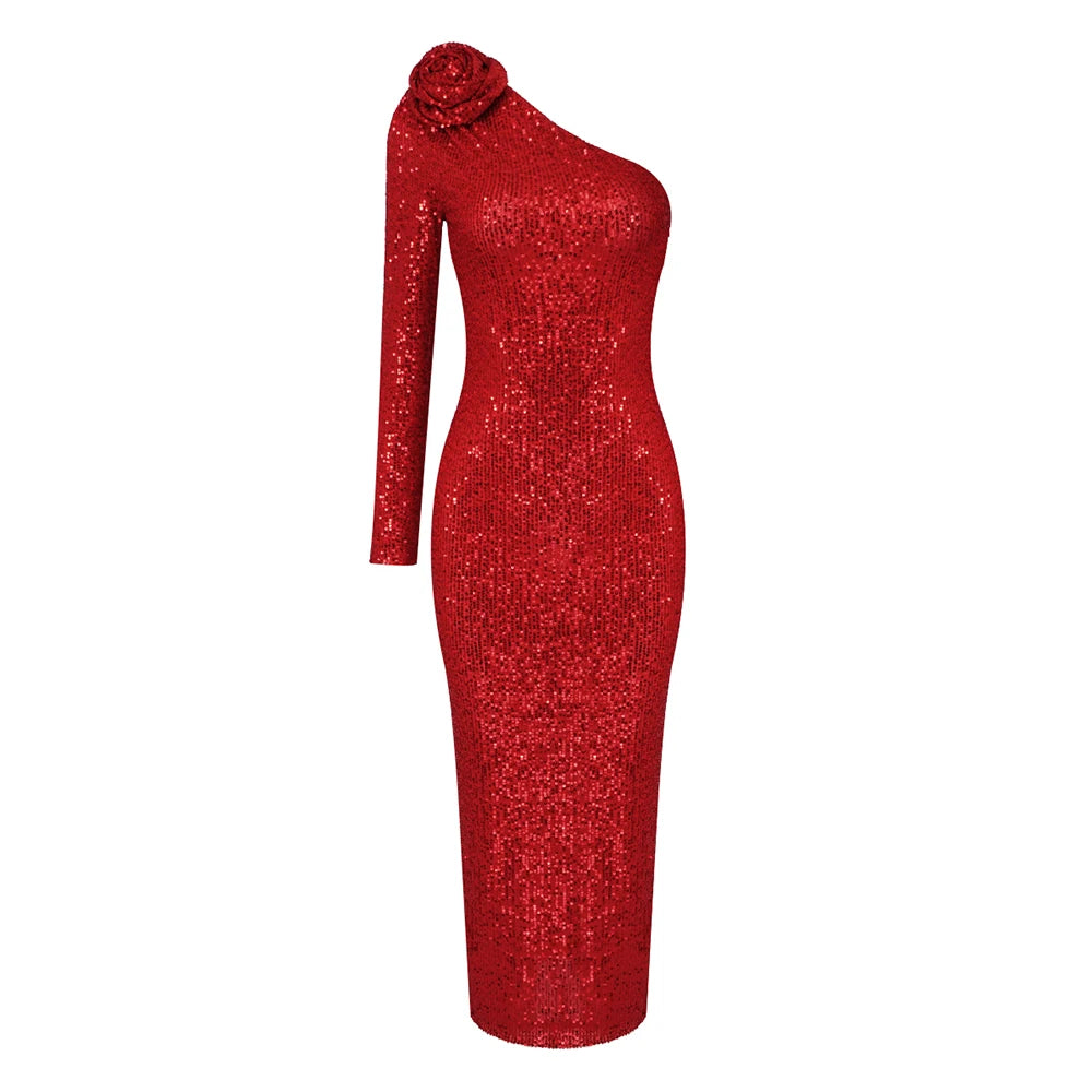 Bodycon Red One Shoulder Sequins Flower Designed Dress For Women Wedding Birthday Maxi  Long Sleeve Dresses Vestidos Ladies Prom Gowns