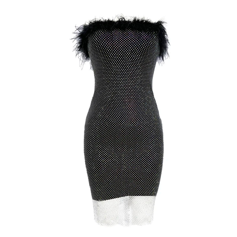 Bodycon Dress For Women Black Strapless Colored Diamond Feather Sexy Boutique Celebrity Cocktail Party Bandage Dress