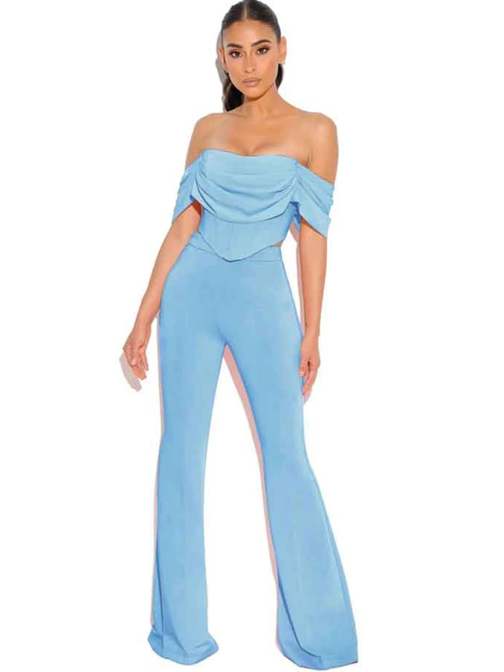 Bodycon Set New Sky Blue Bandage Top & Trousers 2 Two-Piece Set Sexy Fashion Club Celebrity Party Evening Pants Set