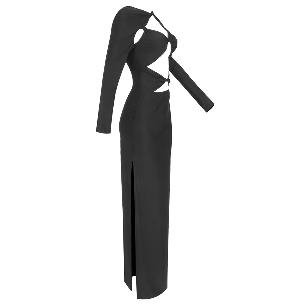 Bodycon Sexy Hollow Out Full Sleeve Slim Black Dress For Women Elegant Evening Party Split Maxi Lomg Dresses Vestidos Ladies Prom Gowns