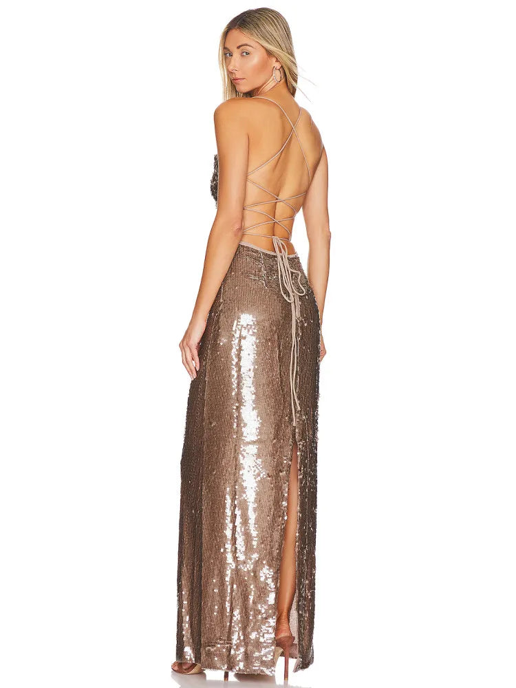 Bodycon Dress For Women Sexy Sleeveless Backless Brown Sequins Long Maxi Dress High Street Glitter Party Dress Vestido