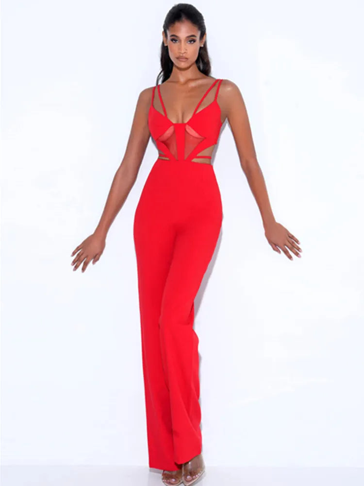 Bodycon Jumpsuit For Women Sexy V Neck Hollow Out Pink Bodycon Bandage Jumpsuit  Celebrity Designer High Street Rompers