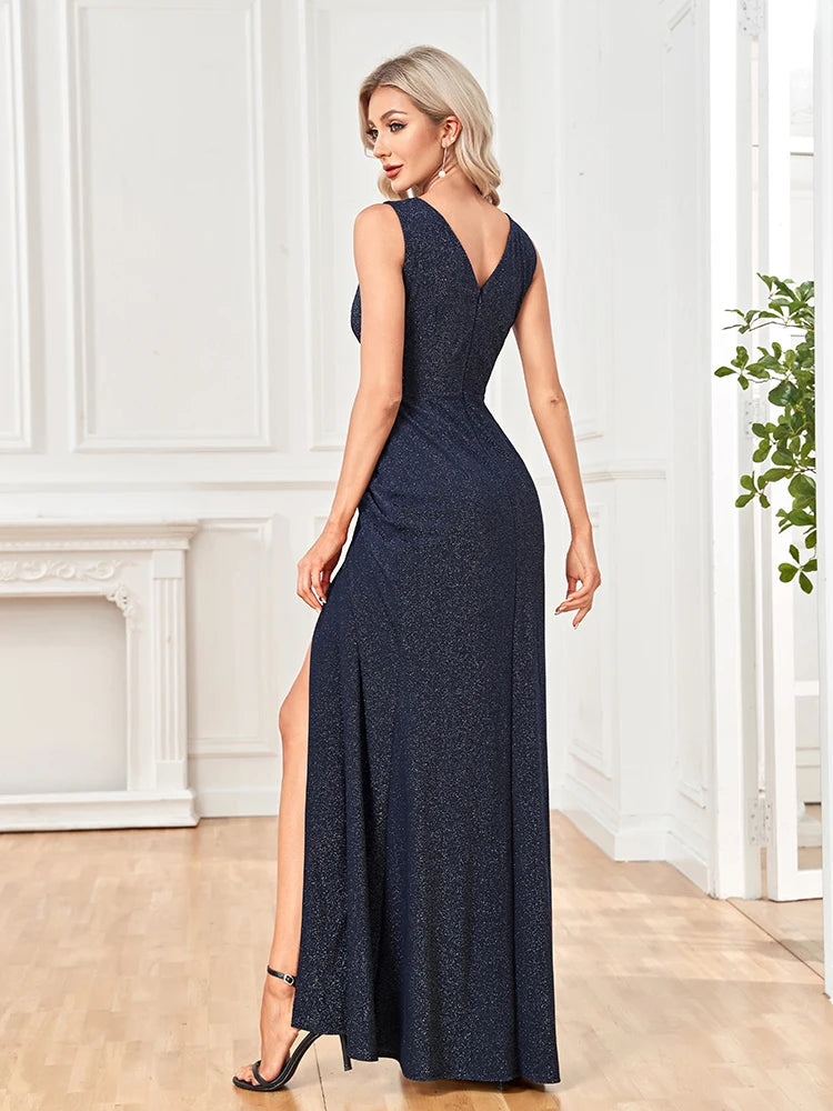 Bodycon Elegant Shining V-neck Formal Evening Dress Women Sexy Slit Maxi Dress Blue Wedding Party Cocktail Prom Dresses