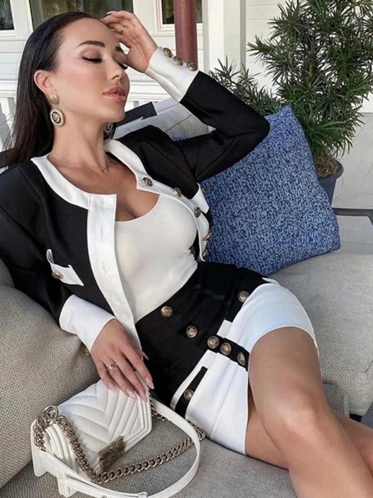 Bodycon Set 2 Piece Suit Patchwork Black White O-Neck Long Sleeve Pocket Button Button Mini Hip Skirt Female Set