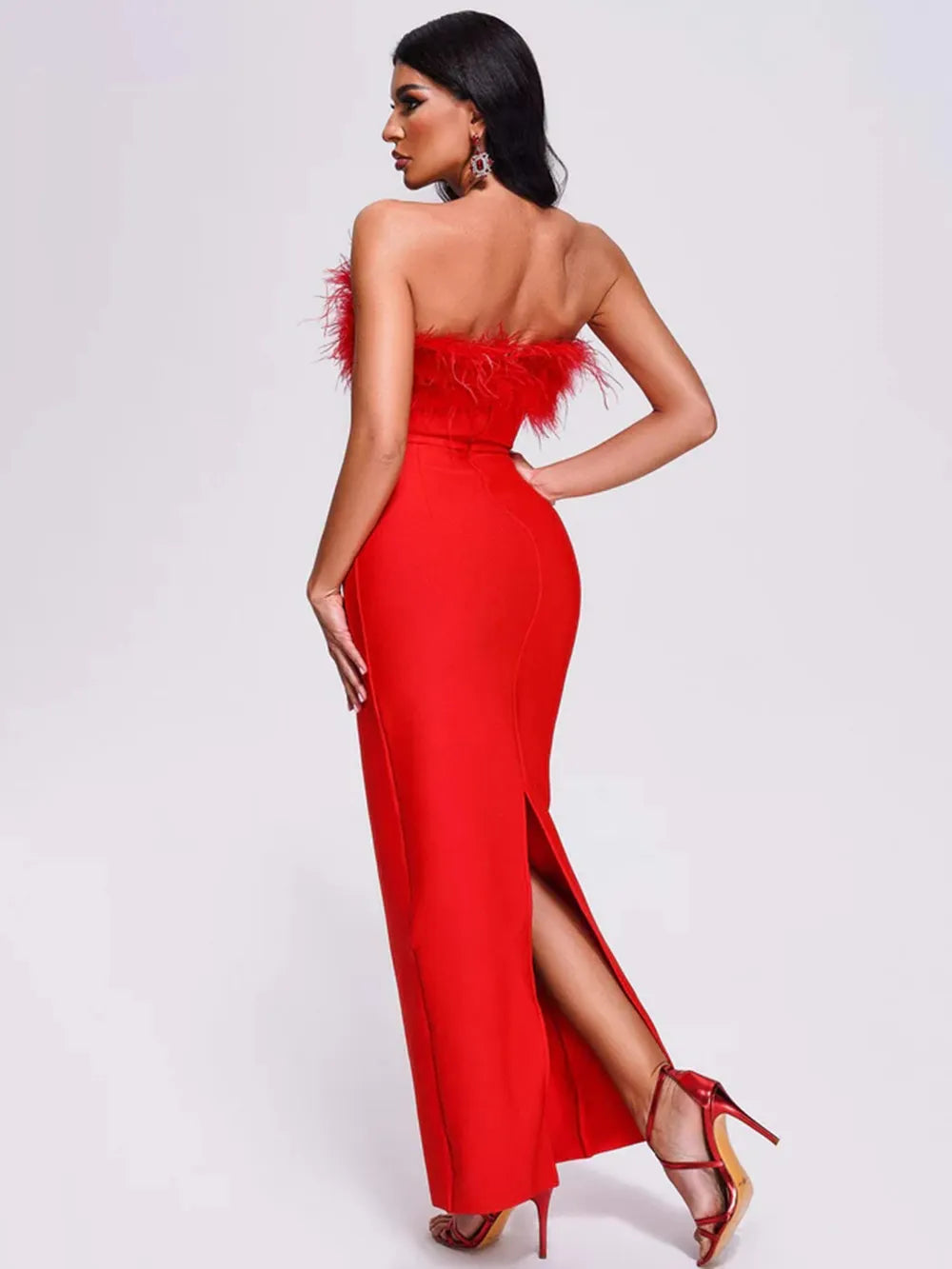 Bodycon Dress For Ladies Red Celebrity Evening Feather Bandage Midi Dress Women's Sexy Strapless Bodycon Club Runway Party Long Dresses Vestidos