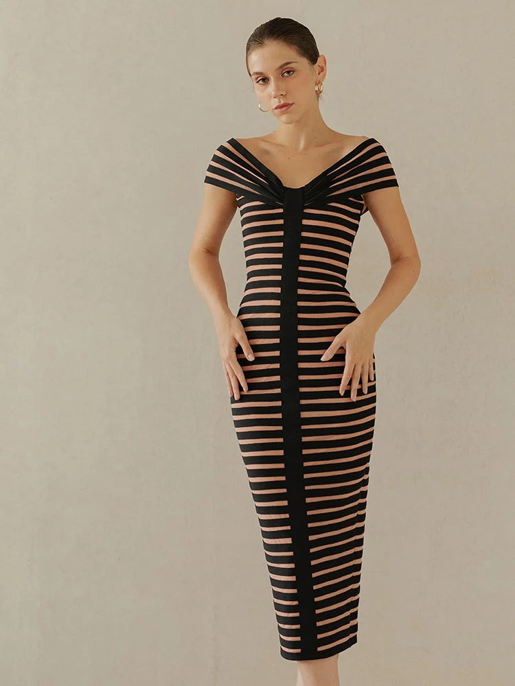 Bodycon Women Vintage Striped Dress Stretch Bandage Party Evening Gown V Neck Long Celebrity Cocktail Dress