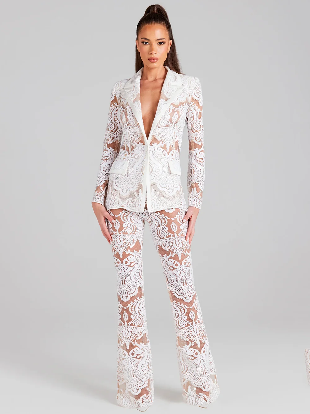 Bodycon Set High Quality White Sequin Embroidery Lace Sexy Perspective Women'S Suit Set Blazer+Pants Two Piece Set