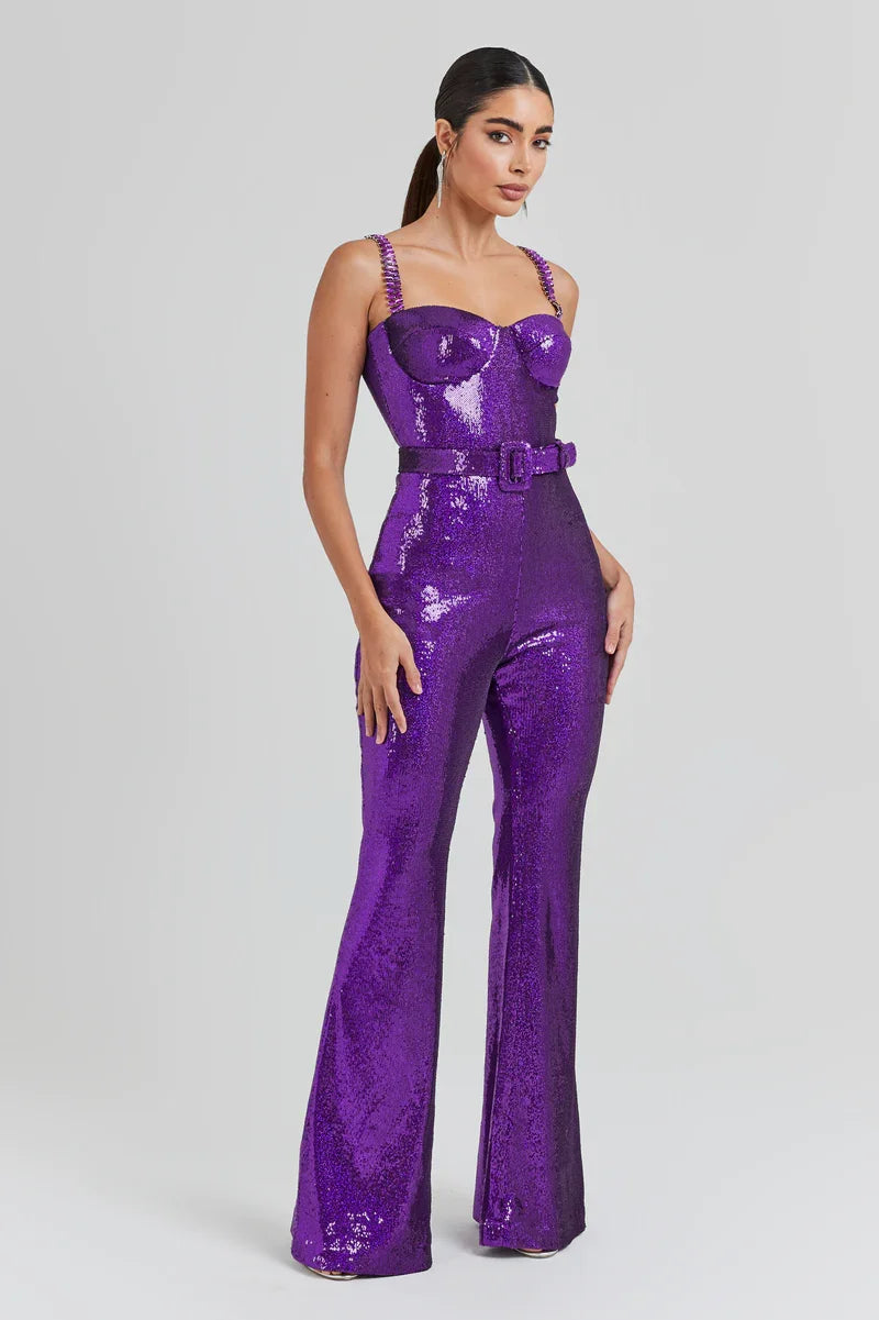 Bodycon Purple Fashion Women Jumpsuit Autumn Elegant Casual Sleeveless Sequins Spaghetti Strap Wide Legs Pants Jumpsuits