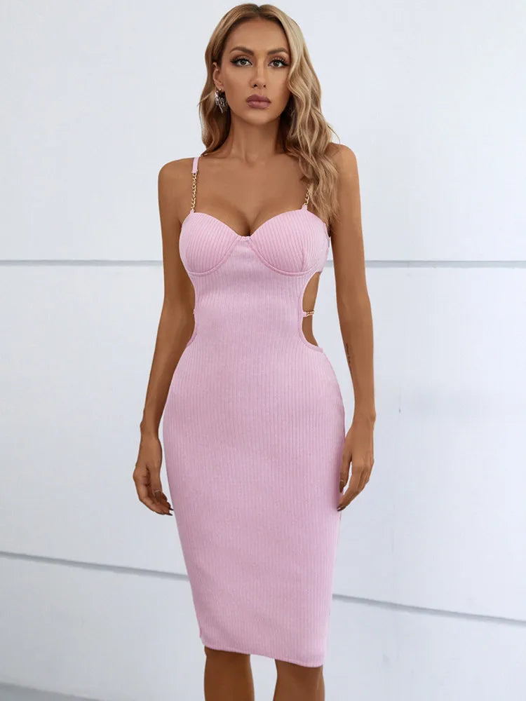 Bodycon Dress For Women Sexy Sleeveless Hollow Out Chain Pink Mini Bandage Dress Stretch Elegant Evening Club Party Dress