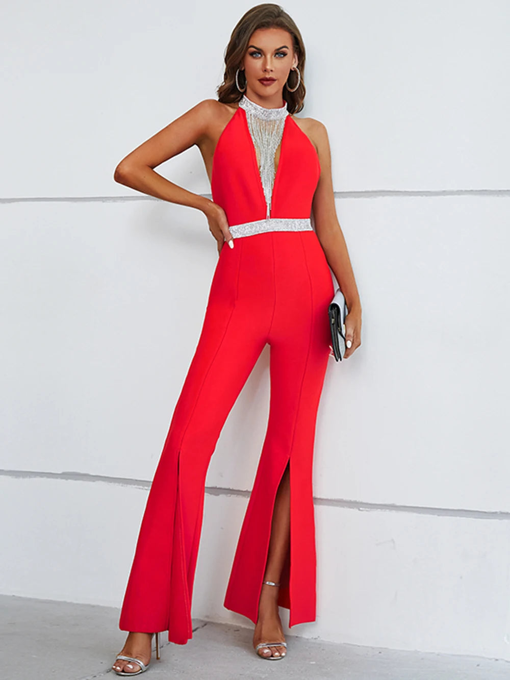 Bodycon Jumpsuit Sleeveless Luxury Diamond Tassels Bandage Jumpsuits For Women Sexy Backless Halter Party Rompers Clothes