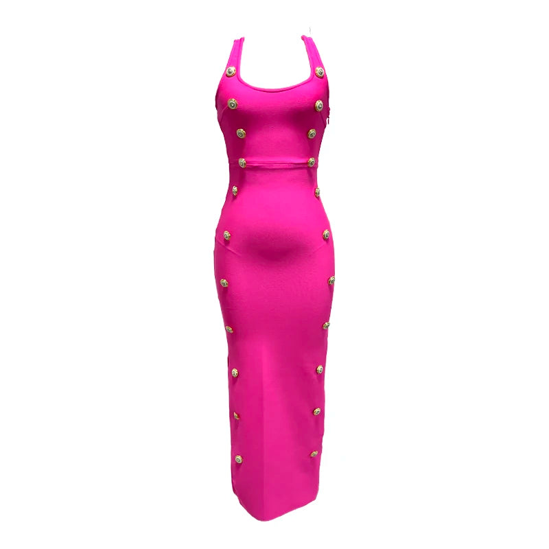 Bodycon Dress For Women Rose Red Black Button Fashion Luxurious Sexy Boutique Celebrity Cocktail Party Bandage Long  Dress