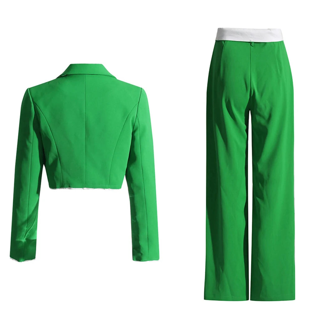 Bodycon Set for Women Green Fashion Casual Short Blazer Women'S Flanging High Waist Wide Leg Pants Suit Two-Piece Sexy Suit