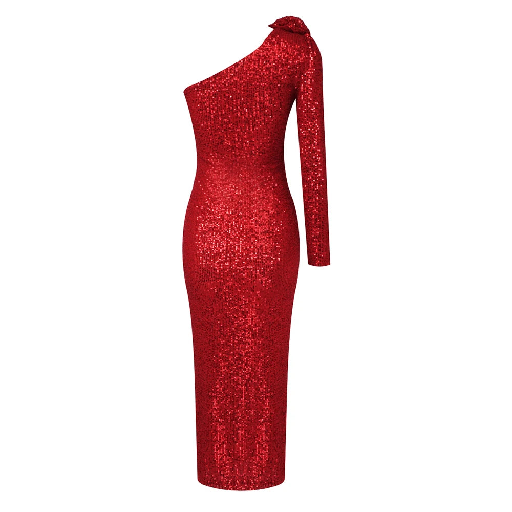 Bodycon Red One Shoulder Sequins Flower Designed Dress For Women Wedding Birthday Maxi  Long Sleeve Dresses Vestidos Ladies Prom Gowns